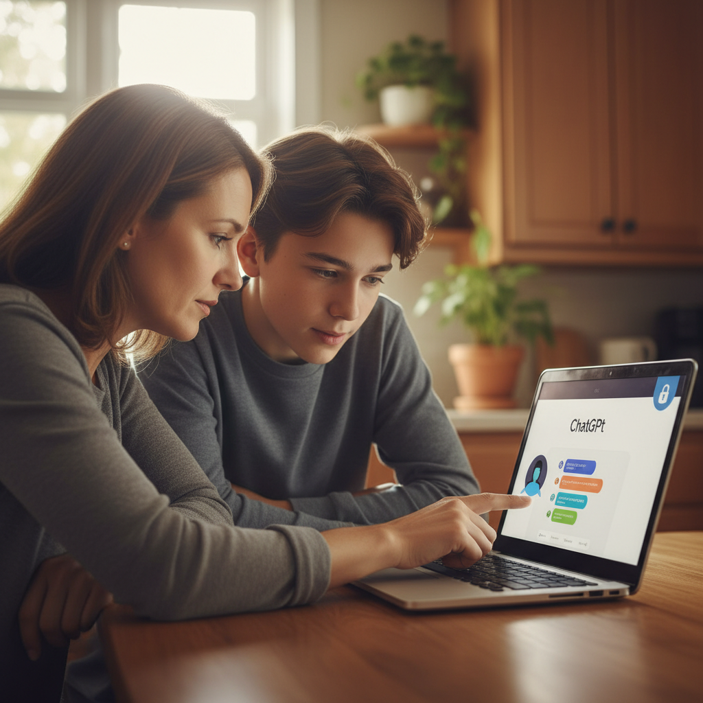 A concerned parent looking at a laptop screen with a teenager sitting beside them, displaying a ChatGPT interface, conveying a sense of collaboration and digital safety.